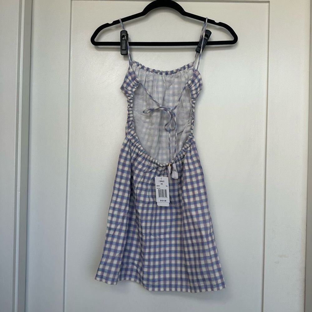 L*Space Gingham Mini Dress XS Purple White Tie Back Summer - Picture 4 of 9
